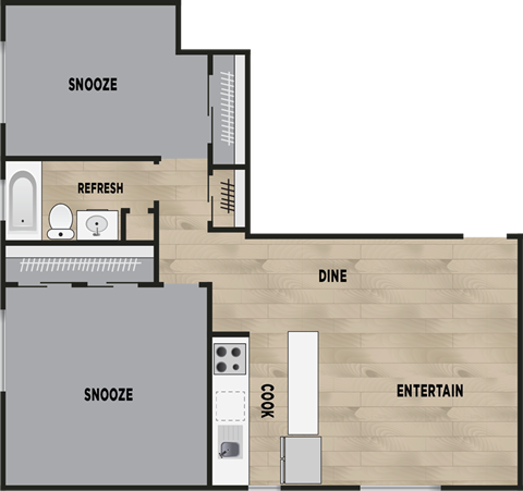 Floor plan for 2 beds, 1 bath, 725 sqft